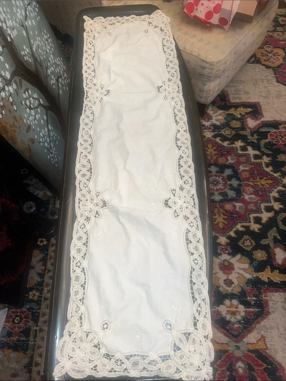 Ivory Lace-Trim antique table runner -hand made